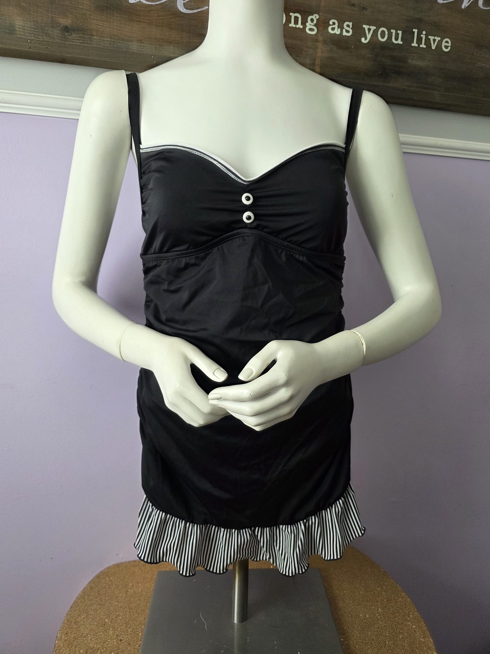 Black Stripe Trim Swimdress with Ruffle Hem